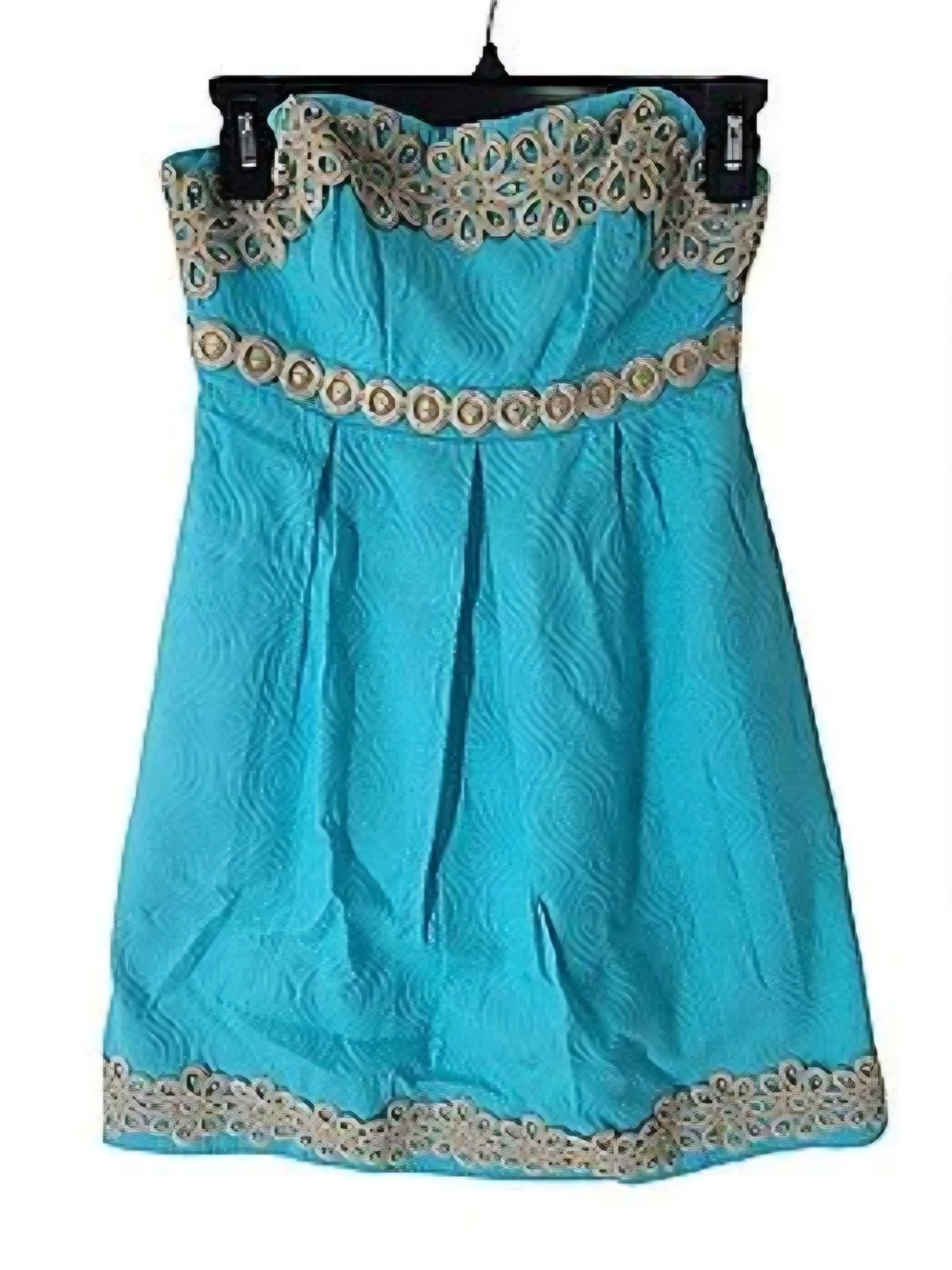 Lilly Pulitzer Strapless Turquoise Midi Dress with Gold Trim